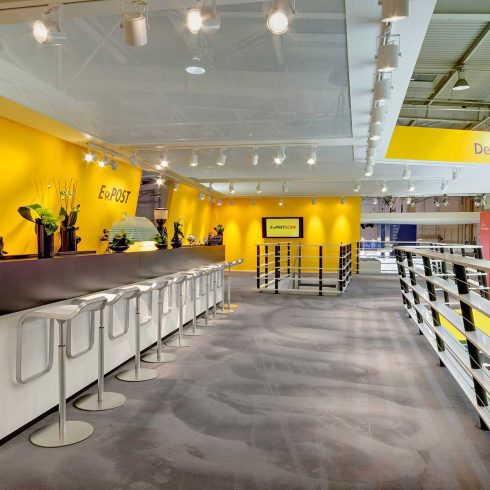 Messestand: Deutsche Post AG - Messe: CeBit - Messestandort: Hannover - Standfläche: 405m² + 240m² - Standtyp: Doppelstock