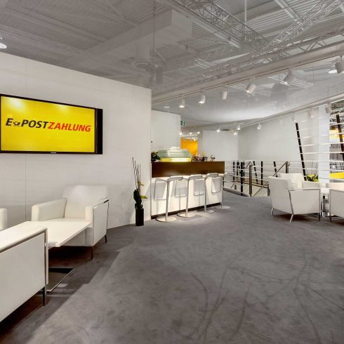 Messestand: Deutsche Post AG - Messe: CeBit - Messestandort: Hannover - Standfläche: 405m² + 240m² - Standtyp: Doppelstock