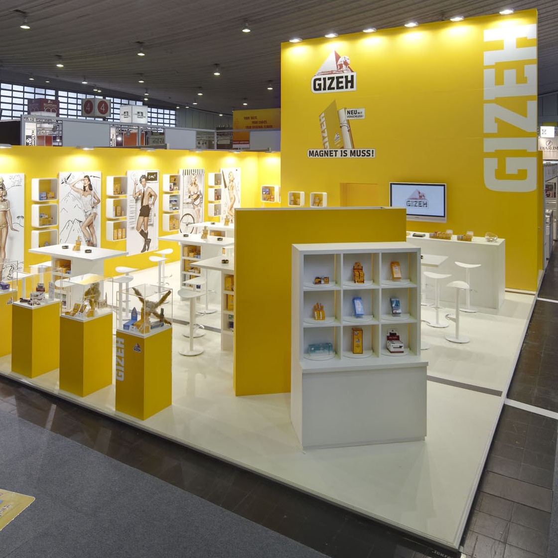 Gizeh Messestand Messestand: GIZEH Raucherbedarf GmbH - Messe: Intertabak - Messestandort: Dortmund - Standtyp: Eckstand links - Standfläche: 112m²