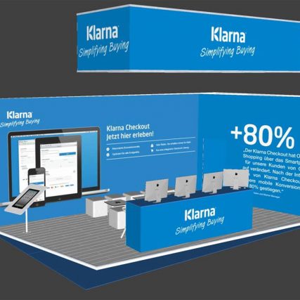 Messestand: Klarna - Messe: Dmexco - Messestandort: Köln - Standtyp: Eckstand rechts - Standfläche: 45m²