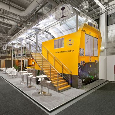 Messestand: Speno International - Messe: InnoTrans - Messestandort: Berlin - Standfläche: 126m² + 58m² = 184m² - Standtyp: Doppelstock Kopfstand