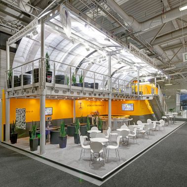 Messestand: Speno International - Messe: InnoTrans - Messestandort: Berlin - Standfläche: 126m² + 58m² = 184m² - Standtyp: Doppelstock Kopfstand