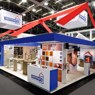 Messestand: Remmers GmbH - Messe: Bau - Messestandort: München - Standfläche: 160m² + 75m² - Standtyp: Doppelstock Inselstand