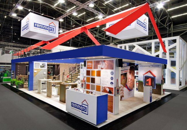 Messestand: Remmers GmbH - Messe: Bau - Messestandort: München - Standfläche: 160m² + 75m² - Standtyp: Doppelstock Inselstand