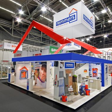 Messestand: Remmers GmbH - Messe: Bau - Messestandort: München - Standfläche: 160m² + 75m² - Standtyp: Doppelstock Inselstand
