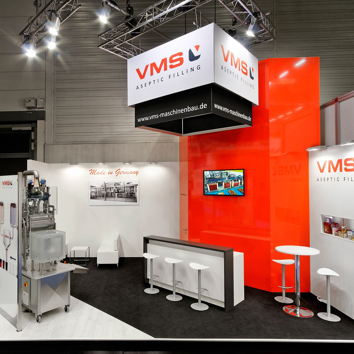 VMS Messestand Anuga Foodtec Messestand: VMS Maschinenbau GmbH - Messe: Anuga Foodtec - Messestandort: Köln - Standfläche: 35m² - Standtyp: Eckstand rechts
