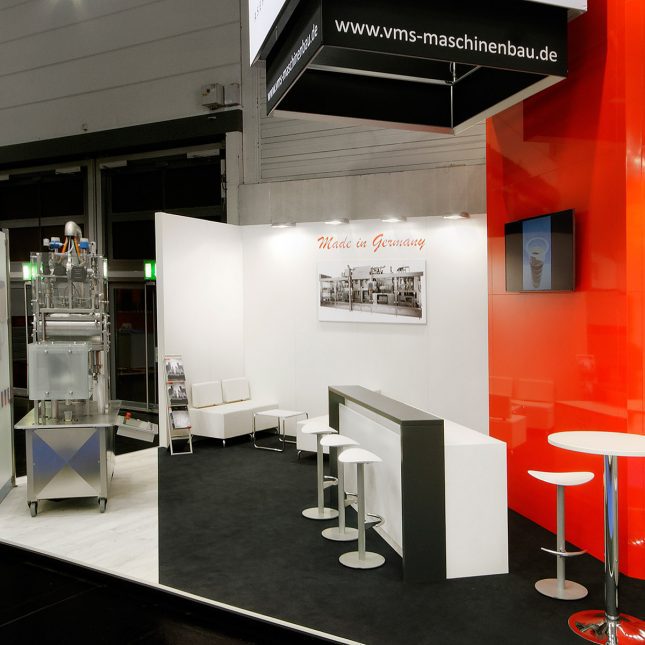 Messestand: VMS Maschinenbau GmbH - Messe: Anuga Foodtec - Messestandort: Köln - Standfläche: 35m² - Standtyp: Eckstand rechts