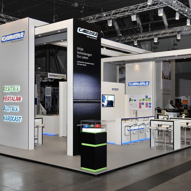 Messestand: CARLISLE® Construction Materials GmbH - Messe: Dach+Holz - Messestandort: Stuttgart - 108m² - Blockstand