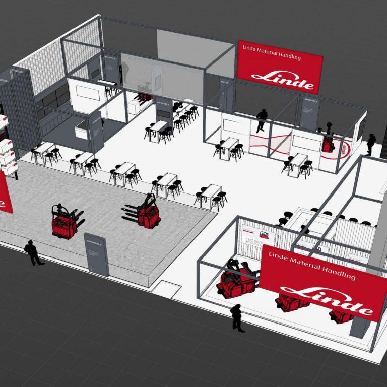 Messestand: Linde Material Handling GmbH - Messe: LogiMAT - Messestandort: Stuttgart - Messestandkonzept gesamt - 432m² - Kopfstand